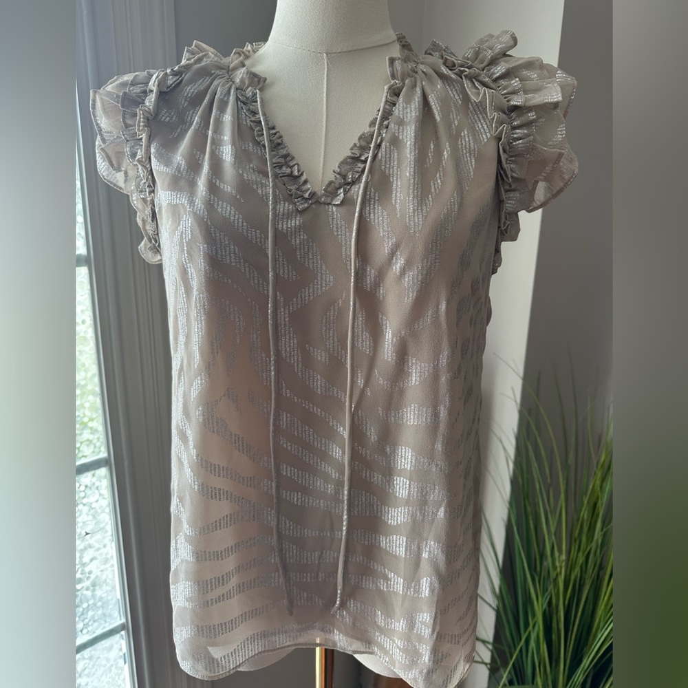 White House Black Market Sheer Ruffled Blouse - Beige V-Neck sleeveless